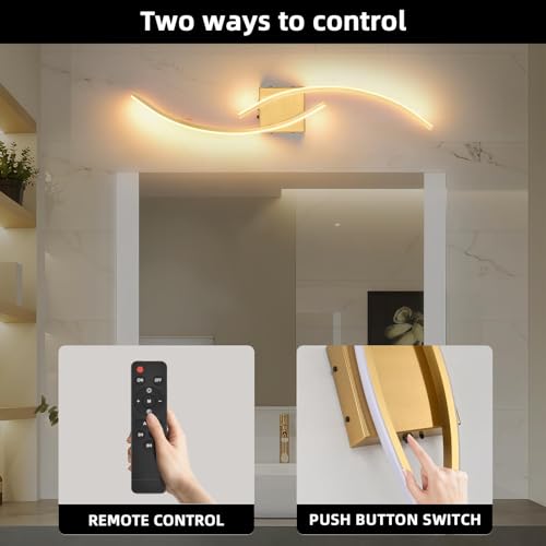 Battery Operated Wall Sconce Set of two, 3000K-6000K LED Dimmable Battery Wall Sconces with Remote Control, USB Rechargeable 31.4 inch gold Wireless Wall Lights for Living Room, Bedroom, Staircases