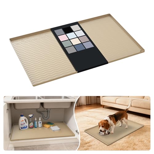 URMONA Waterproof Silicone Under Sink Mat 34'' x 22'' Shelf Liner for Kitchen and Bathroom, Cabinet and Counter Protector, Storage and Organizers, Litter Mat, Pet Cat Puppy Essentials(Khaki) - color: Khaki, size: 22"W x 34"L