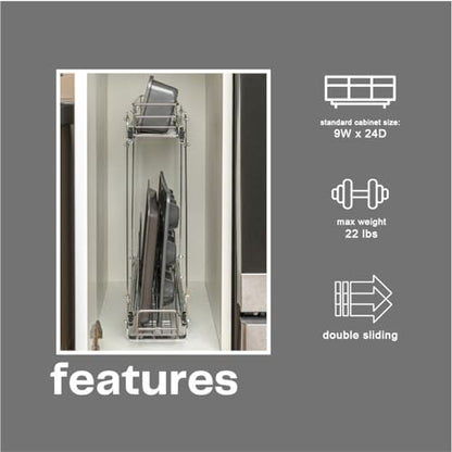 Household Essentials Glidez Multipurpose Chrome-Plated Steel Pull-Out/Slide-Out Storage Organizer for Cookware and Bakeware - 2-Tier Design - Fits Standard Size Cabinet or Shelf, Chrome - size: 5" - Extended, style: Dual Slide