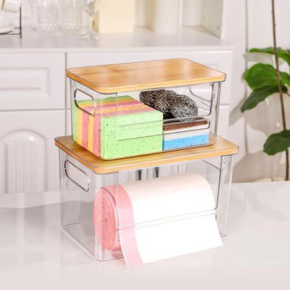 Trash Bag Holder Dispenser 2 Pack, Garbage Bag Dispenser with Bamboo Lid & Handles, Stackable Clear Trash Bag Organizer Under Sink for Kitchen, Pantry, Laundry Room, Cabinet (XL+S) - size: S + XL