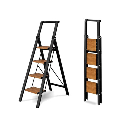 4 Step Ladder,Lightweight Folding Step Stool with Aluminum Wide Pedal& Convenient Handgrip,330lbs Capacity Steel Ladder for Household and Office(Black &Woodgrain) - color: Black&woodgrain, size: 4 Step