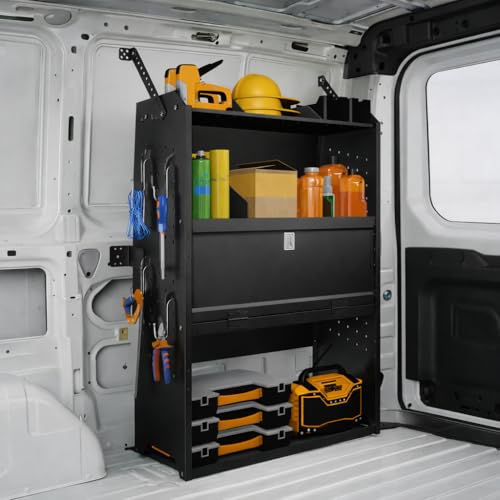Adjustable Cargo Van Shelving with Lockable Door and Hooks, Heavy Duty Steel Storage 32" W x 46" H x 13" D, Fits Transit, ProMaster, Chevy Express, GMC Savana, Sprinter, Low/Mid/High Roof - size: 32" W x 46" H x 13" D