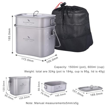 Boundless Voyage Titanium Mess Kit Hanging Pot Cup with Lid Folding Handles Outdoor Camping Cooking Set Ultralight Portable Tableware Cookware