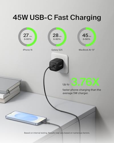 Belkin Dual USB C Charger Block 45W (2 Pack), Super Fast Charging PD 3.0 PPS w/ GaN - Samsung Galaxy S26, Apple iPhone 17, Air, Pro, Pro Max, iPad, MacBook, Nintendo Switch 2 & More - Black - style: 45W Black 2-pack