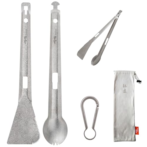 TiTo Titanium 4 in 1 Camping Cookware - Titanium BBQ Tongs, Spork, Knife and Spatula, Portable Lightweight Multi Tableware for Kitchen, Hiking, Backpacking, Outdoor Cooking, Travel, Picnics (Titanium) - color: Titanium