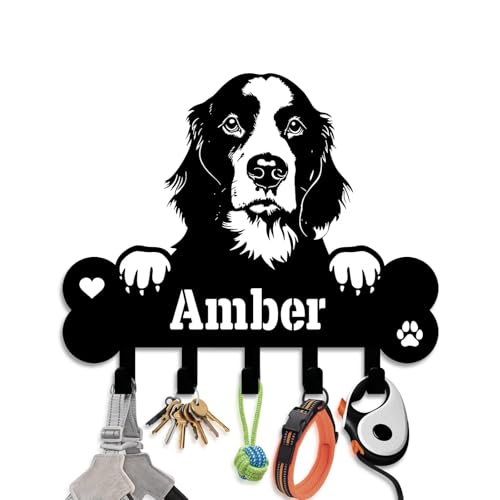 NIWAHO Personalized Dog Leash Holder Wall Mount - Custom English Springer Spaniel Metal Silhouette Sign with Bone Key Hooks, Entryway & Pet Room Organizer Decor - color: English Springer Spaniel