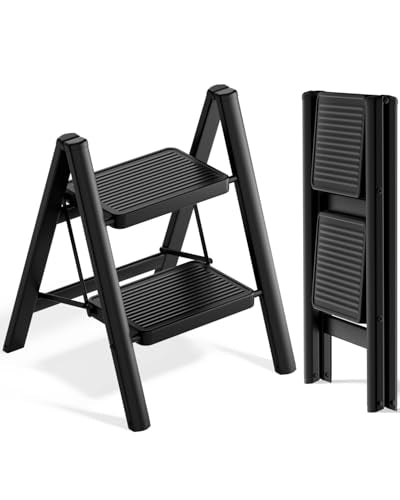 SOLADDER Step Stool, 2 Step Ladder with Anti-Slip and Wide Pedal, Folding Portable Iron Stepladder for Home and Kitchen, 300lbs - Black - color: Black, size: 2 Step