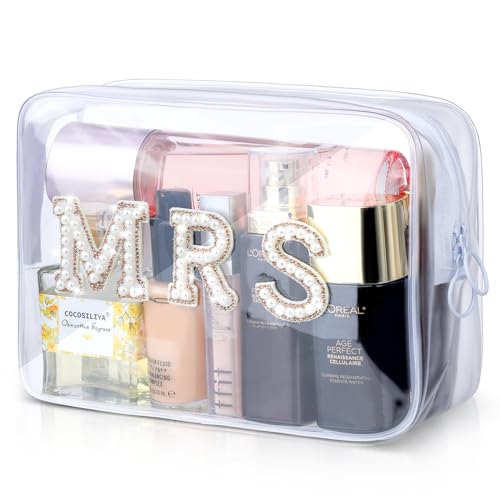 Etercycle MRS Clear Cosmetic Bag, Bachelorette Gifts for Bride Makeup Bag, Portable PVC Travel Toiletry Bag Bling Pearl Rhinestone Patch Letter Bags for Engagement Party Women Wedding Bridal (Gold) - color: Gold, style: Mrs