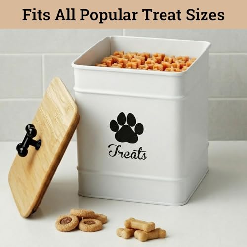 Dog Treat Container Airtight - 6 Inch Wide x 8 Inch Tall Iron Dog Treat Jar for Kitchen Counter with Airtight Bamboo Lid - 12 Cup Capacity Pet Treat Container - Doggie Cookie Jar - Big Treats Canister - color: White