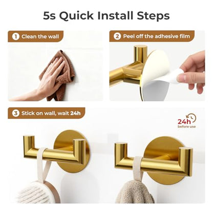 GWAAZXGZ 2 Pack Brushed Gold Bathroom Hooks for Towels - Self Adhesive Double Hooks for Wall, No Drilling, Stainless Steel 304, Strong Hold for Robes, Coats, Shower Use - color: Gold