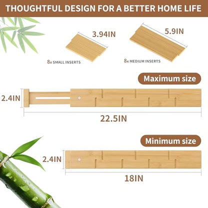 Bamboo Drawer Dividers with Inserts kitchen drawer organizer Adjustable Expandable 8 Pack Organizer Set for Kitchen Bedroom Bathroom Office 8 Dividers with 16 Inserts (Natural, Large (18-22.5IN)) - size: Large (18-22.5IN)