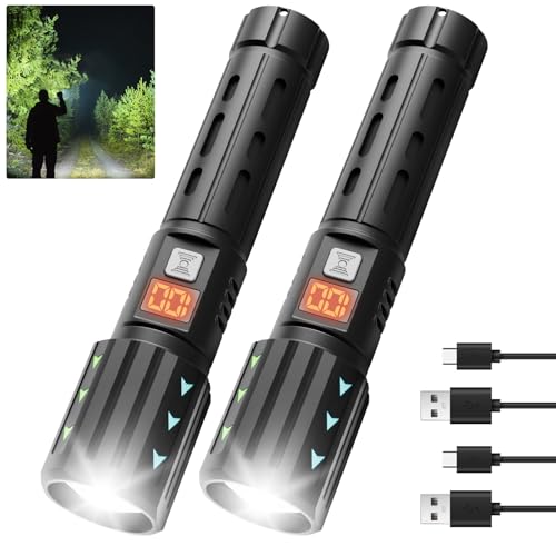 Rechargeable Flashlights with Side Light & Digital Power Display, Bright LED Flashlight with Warning Lights, 5 Modes & Waterproof for Emergency, Camping, Hiking and Home (Black - 2PCS) - color: Black - 2PCS