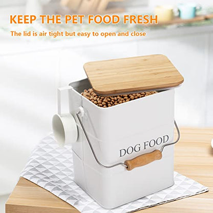 Morezi Dog Treat and Food Storage Tin with Wooden Lid and Scoop Included - White Powder - Carbon Steel - 5 lbs Capacity - Pet Food Container Storage Canister - color: White