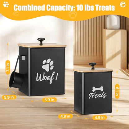 Dog Treat Containers Set of 2, Dog Food Storage Containers with Airtight Lids, Metal dog treat jars for Kitchen Countertop, Pet Food Canister Keep Snack Fresh, 5.9"×5.9"×7.1", Black - size: 5.9*7.1&4.9*6.1