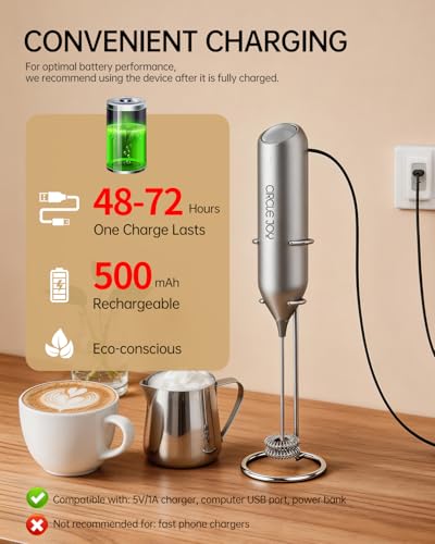 CIRCLE JOY Rechargeable Milk Frother Handheld with Stand, Dual Spring Whisk Electric Foam Maker, Detachable Hand Frother Wand Drink Mixer for Lattes, Cappuccino, Macchiato, Hot Chocolate, Silver - color: Stand Silver, size: Rechargeable