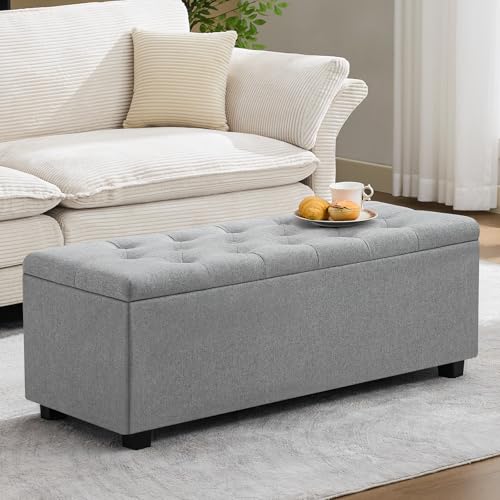 43" Ottoman with Storage and Sturdy Metal Frame, Tufted Upholstered Storage Bench, Modern Footboard Hideaway Chest with Removable Lid and Footrest for Living Room, Entryway (Light Gray) - color: Light Gray