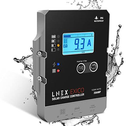 LNEX Solar Charge Controller Waterproof, 20A Super Thin Solar Panel Battery Intelligent Regulator with LCD Display 12V/24V PWM Solar Controller for LiFePO4,AGM, Gel, Flooded and Lithium Battery - style: 20A