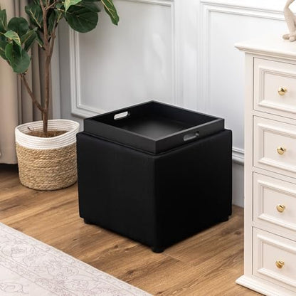 Adeco Square Storage Ottoman with Reversible Tray Top, 17-inch Linen Cube Footrest & Coffee Table for Living Room, Bedroom & Small Spaces, Black - color: Black With Tray