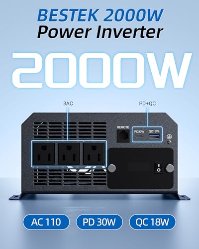 BESTEK 2000W Car Power Inverter, DC 12V to 110V AC Converter Car Outlet Adapter with USB-C PD30W QC18W Cigarette Lighter Plug, 3 AC Charger Outlets and Dual USB Ports for RV Road Trips - color: Black