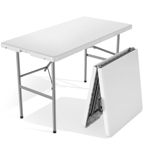 Sweetcrispy 4 FT Folding Picnic Table Easy to Fold and Store, Foldable Table for Camping Picnic Dining Party Kitchen Outdoor Indoor with Carrying Handle - color: White, size: 4 FT