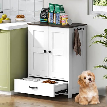 Pet Feeding Station, Dog Feeding Station, Dog Food Storage Cabinet, Pet Food Toy Organiser with 2 Elevated Bowls and Hook for Feeding and Drinking, White - size: Wood White