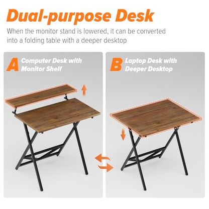 WOHOMO Folding Computer Desk with Adjustable Height, 23.6" x 31.5" x 25.6" Foldable Table with Monitor Stand, Small Office Desk for Bedroom, Space Saving Desk for Home Office, Easy Assemble, Walnut - color: Walnut