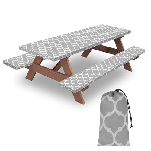 8ft Picnic Table and Bench Cover, Camping Essentials RV Gear, 96 in Waterproof Windproof Outdoor Elastic All Around Tablecloth, Fitted Rectangle Tables and Seats, Gray-White Moroccan - color: Gray-white Moroccan, size: 96"