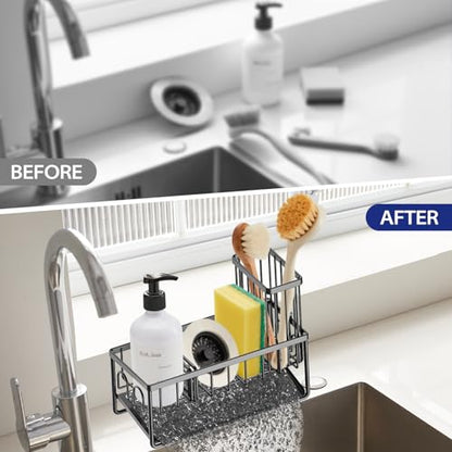 Sinnsally Kitchen Sponge Holder,Sink Caddy Organizer with Brush Holder,Stainless Steel Sink Box Dish Scrubber Holder with Self Drain Tray,Soap Dispenser Kitchen Storage Accessories(1 Tier-Black) - color: 1 Tier-Black