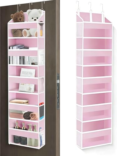 Over The Door Organizer Closet,5 Bins 10 Side Pockets,Hanging Door Organizer,Anti Tilt 44 lbs Load Organizers and Storage with Clear Window for Bedroom,Nursery,Rv,Bathroom,Camper(Pink) - color: pink