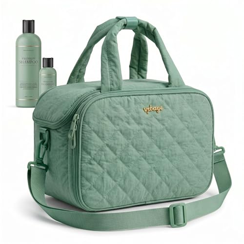 VPBAGE Large Quilted Toiletry Bag for Women, Puffy Travel Makeup Organizer with Removable Divider & Shoulder Strap, Waterproof Standing Cosmetic Case for Full-Size Toiletries, Gym, Vacation - color: Mint Green