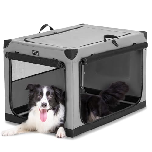 PETSFIT 36" Soft Portable Dog Crate – Patented Spiral Sturdy Frame, Collapsible Travel Kennel for Medium & Large Dogs, 3 Mesh Door, Lockable Zippers, Indoor & Car Use Gray - color: Gray, size: 36.0"L x 24.0"W x 23.0"H