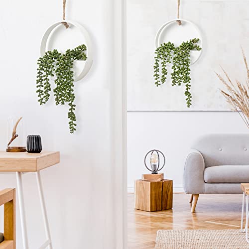 CEWOR 2pcs Artificial Hanging Succulent Plants, Fake String of Pearls in Pot with Lanyard Boho Wall Decor for Bathroom Living Room Home Indoor Outdoor Decorations, White