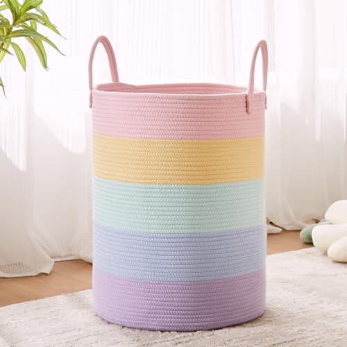 15Dx20H inches Large Baby Girls Kids Hamper Rainbow Laundry Basket for Nursery Clothes Pastel Unicorn Woven Hamper Tall Blanket Basket in Playroom Bedroom 62L - color: Pastel Rainbow, size: Large (62L)