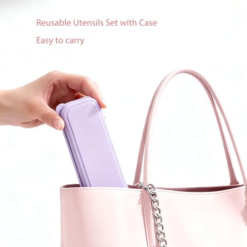Travel Utensils with Case, Camping Utensil Sets, Wheat Straw Portable Knife Fork Spoons Tableware, Reusable Utensils for Lunch Box (Purple) - color: Purple