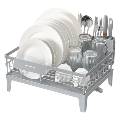 SONGMICS Dish Drying Rack, Kitchen Dish Rack with Drainboard, 360° Rotatable and Extendable Spout, with Cutlery Holder, 12.2 x 16.5 x 7.3 Inches, Dove Gray UKCS550G01 - color: Dove Gray, style: with Drainboard
