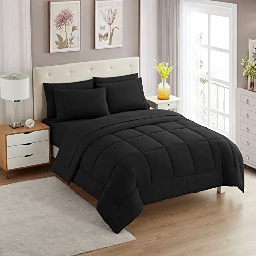 Sweet Home Collection 5 Piece Comforter Set Bag Solid Color All Season Soft Down Alternative Blanket & Luxurious Microfiber Bed Sheets, Black, Twin - color: Black, size: Twin