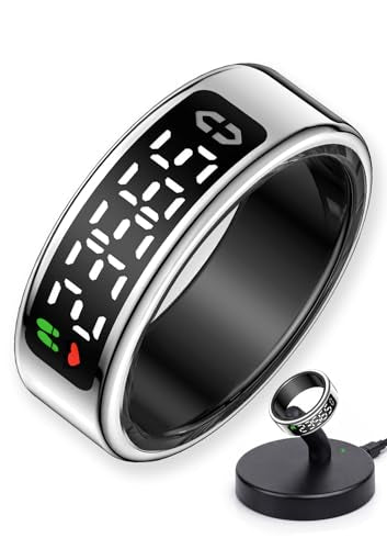 Smart Ring with LED Display，Fitness Tracker Ring, IP68 Waterproof Health Tracker Ring, Blood Oxygen & Heart Rate Monitor, Long Lasting Battery Sleep Ring for Women & Men - color: Silver, size: 10