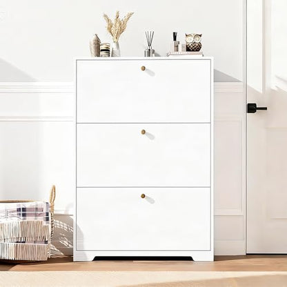 Nicetree Shoe Cabinet with 3 Flip Drawers, Narrow Shoe Organizer Cabinet, Freestanding Shoe Rack Cabinet, Modern Shoe Storage Cabinet for Entryway, Hallway, Foyer, White with Hook - color: White, style: 3-Drawers with Hook