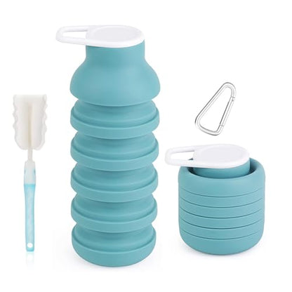 Collapsible Silicone Water Bottle – Foldable Travel Water Bottle Leakproof, BPA Free, Portable & Space-Saving – Perfect for Gym, Hiking,Travel(carabiner and cleaning brush),Light green - color: Lightgreen