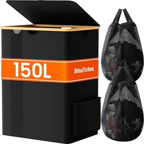 BlissTotes Laundry Basket with Lid, 150L Clothes Laundry Hamper with Handles and 2 Removable Laundry Bags, Breathable Design Hamper with Lid for Bedroom, Bathroom, Dorm, Laundry Room -Black - color: Black, size: 150l