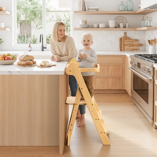 COSYLAND Foldi Foldable Toddler Kitchen Stool - Adjustable Height Toddler Standing Tower with Net & Safety Feet, IF Award-Winning Wooden Learning Step Tower for Kids Ages 18M-6Y, Natural - color: Natural
