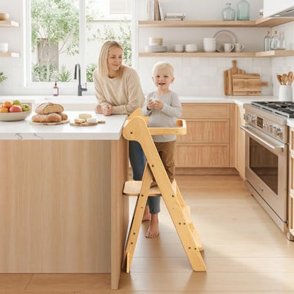 COSYLAND Foldi Foldable Toddler Kitchen Stool - Adjustable Height Toddler Standing Tower with Net & Safety Feet, IF Award-Winning Wooden Learning Step Tower for Kids Ages 18M-6Y, Natural - color: Natural