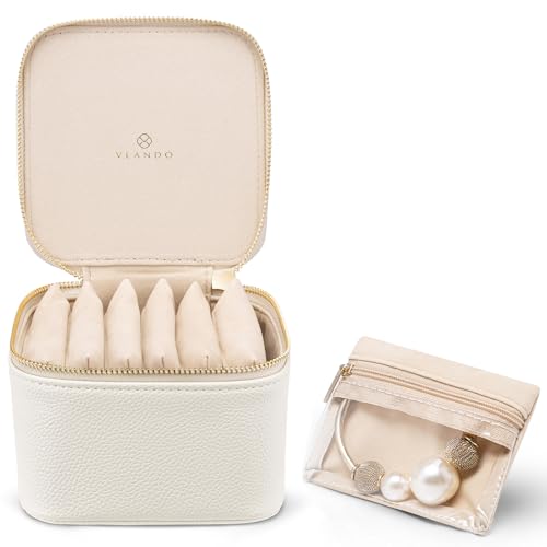 VLANDO Travel Jewelry Organizer Case with 6 Clear Velvet Zipper Pouches, Faux Leather Jewelry Storage Box for Rings, Earrings, Necklaces and Bracelets, Gift for Women - color: F.6PCS White