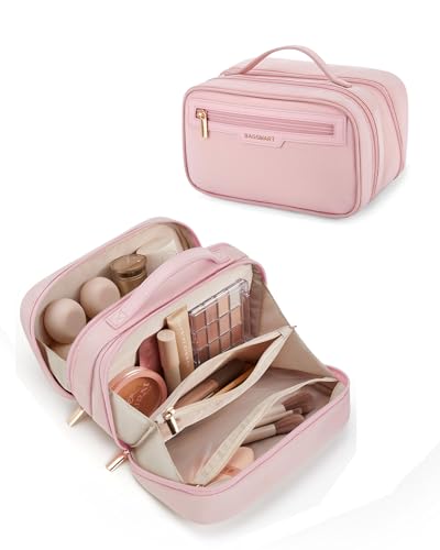 BAGSMART Travel Makeup Bag, Make Up Bag with Multiple Compartments for Organizer, Compact & Durable Cosmetic Organizer for Women for Travel Accessories (Pink - color: Pink