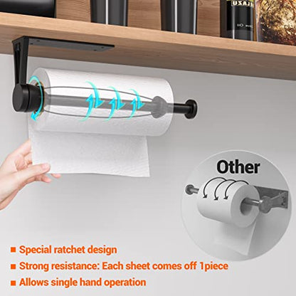 Paper Towel Holder Under Cabinet, Single Hand Operable Wall Mount with Damping Effect, Self-Adhesive or Drilled for Kitchen Bathroom, Black - color: Black