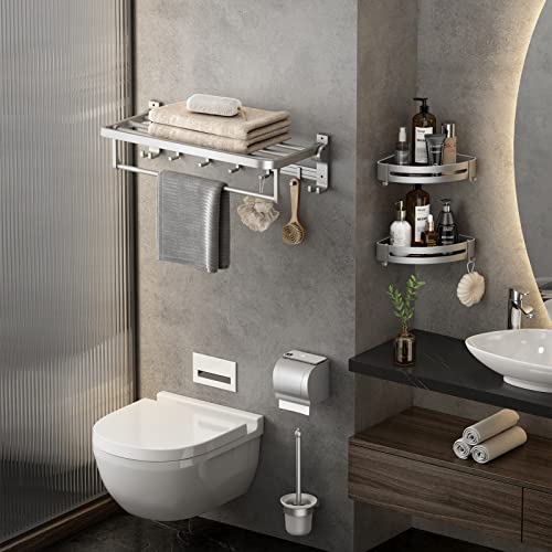 VOLPONE 24 Inch Towel Rack with Towel Bar Holder Foldable Towel Shelf with Movable Hooks Rustproof Towel Storage Wall Mount for Bathroom Lavatory Silver - color: Silver