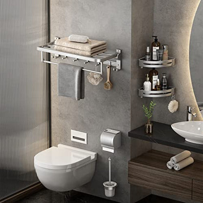 VOLPONE 24 Inch Towel Rack with Towel Bar Holder Foldable Towel Shelf with Movable Hooks Rustproof Towel Storage Wall Mount for Bathroom Lavatory Silver - color: Silver