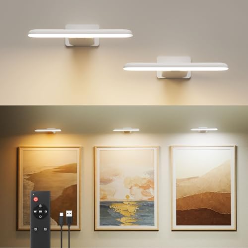 FULEN Picture Lights Battery Operated, Rechargeable Picture Frame Lights for Wall, LED Cordless Wall Lights for Arts,Paintings,Gallery&Dartboard,3 Color Temperatures, Remote Control,White,2 Pack - color: White, size: 2 PACK