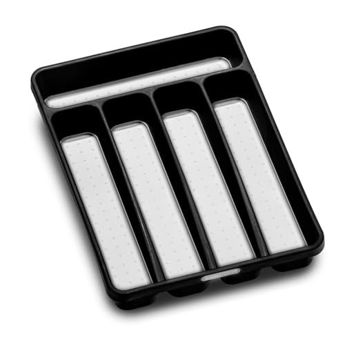 madesmart Classic Compact Silverware Tray with Soft Grip Lining, Carbon | Nonslip feet, 5 compartments, small drawer fit, forks, knives, spoons, cutlery, flatware - color: Carbon