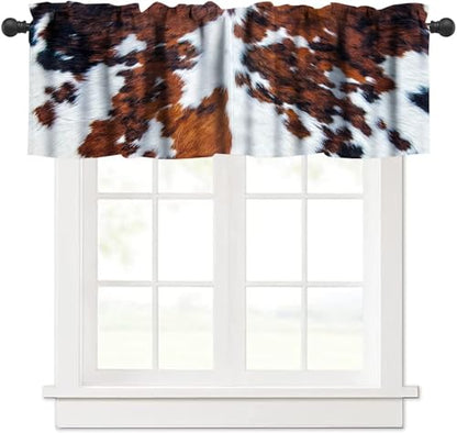 Farmhouse Cowhide Valance, Abstract Brown White Cow Fur Western Animal Skin Print Blackout Short Window Curtain for Kitchen Bedroom Living Room, 54x18inch - color: Cowhide-8